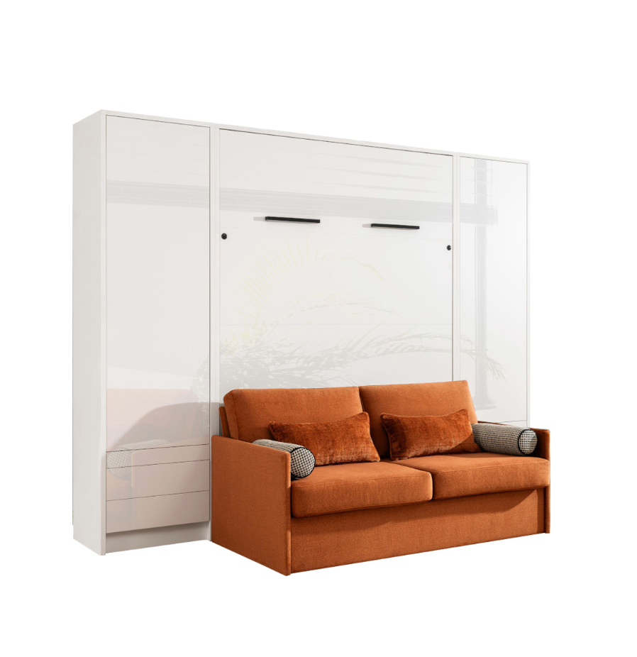 GENIUS vertikali sieninė lova su sofa – baltos blizgios spalvos