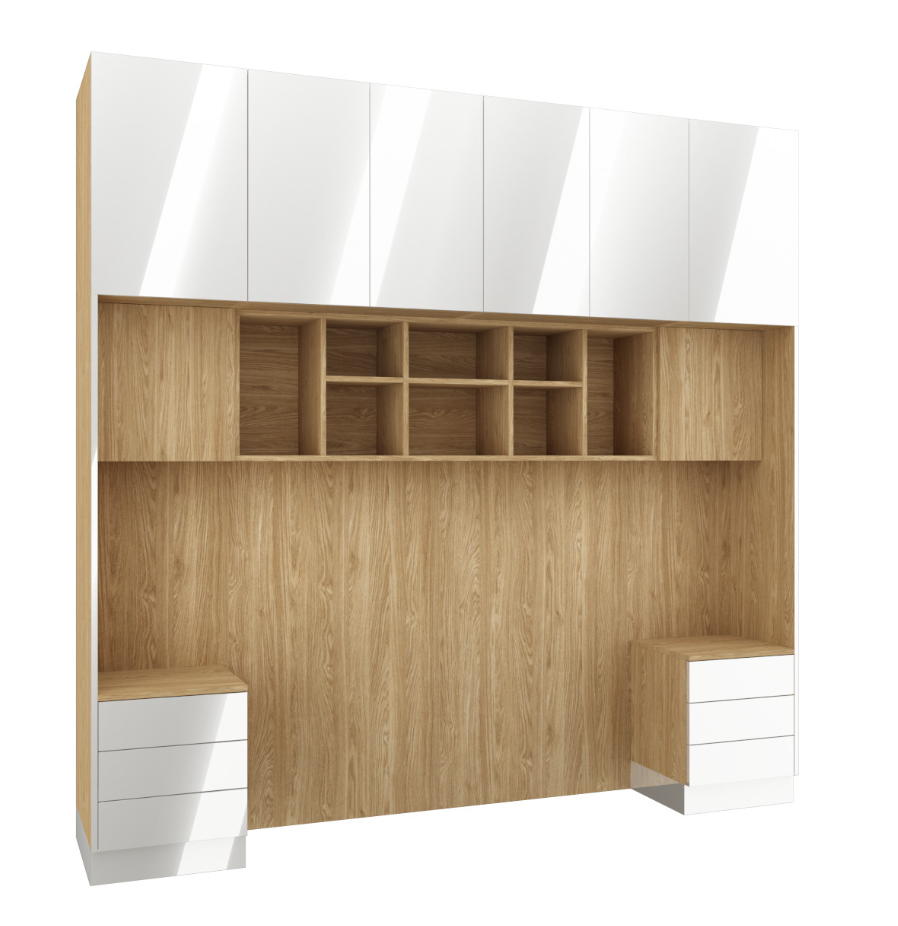 SLEEP VARIA lovos rėmas su naktiniais staliukais – baltos blizgios spalvos